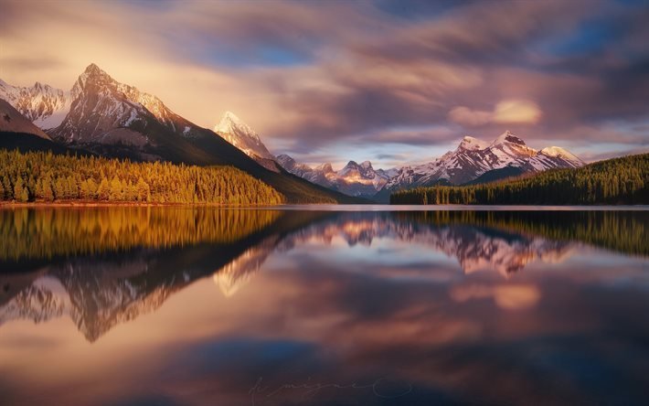 山湖, 秋, 夜, 夕日, 山の風景, ロック, 湖