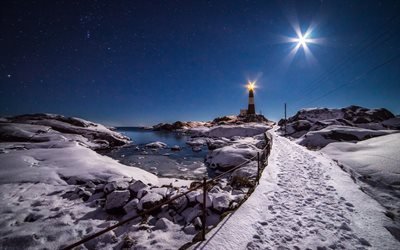 lighthouse, snow, blue sky, winter, moonlight