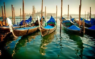 Venice, pier, gondolas, morning, canal, Italy