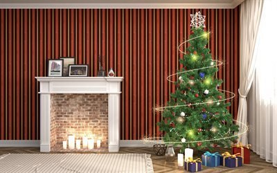 Christmas, fireplace, new year, Christmas tree