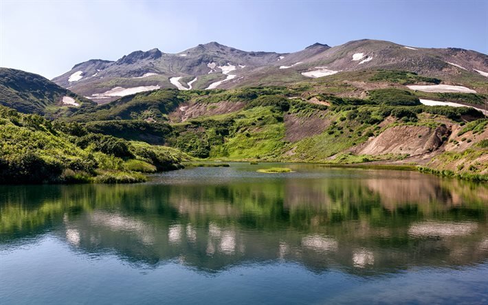Ryssland, berg, sj&#246;n, reflektion, Kamchatka