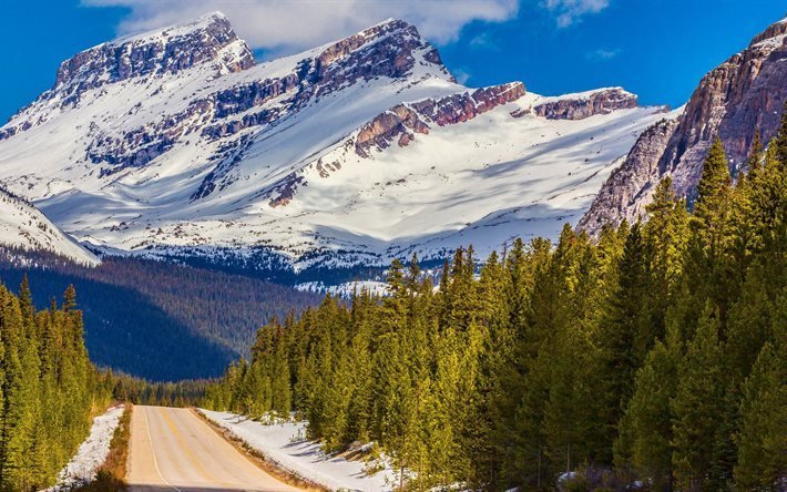 Banff National Park, 4K, road, snow mountains, Alberta, Canada
