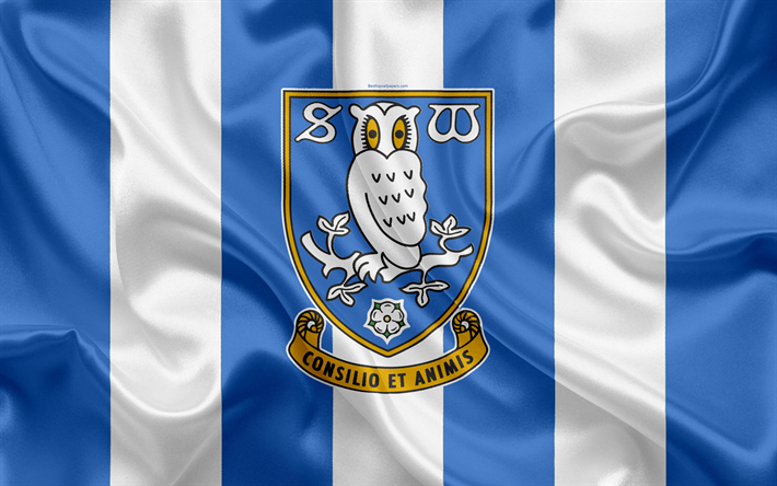 Sheffield Wednesday FC, silk flag, emblem, logo, 4k, Sheffield, England, English football club, Football League Championship, Second League, football