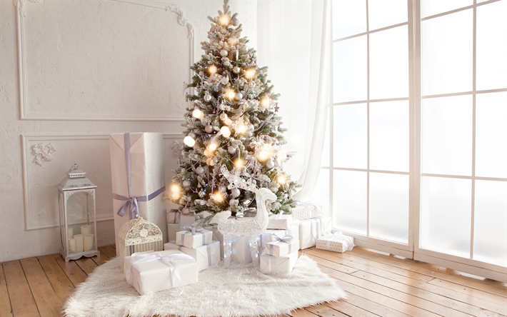 Christmas tree, New Year, gifts, garland, light bulbs, interior, Christmas