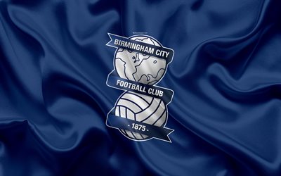 Birmingham City FC, silk flag, emblem, logotyp, 4k, Birmingham, England, STORBRITANNIEN, Engelska football club, Football League Championship, Andra League, fotboll