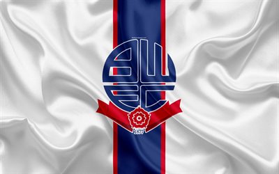 El Bolton Wanderers FC, emblema, logotipo, 4k, bandera de seda, Bolton, reino unido, club de f&#250;tbol ingl&#233;s, F&#250;tbol del Campeonato de Liga, Segunda divisi&#243;n, f&#250;tbol
