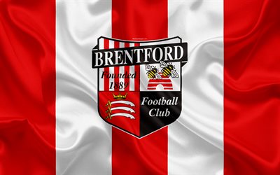 Brentford FC, silk flag, emblem, logo, 4k, Brentford, England, UK, English football club, Football League Championship, Second League, football