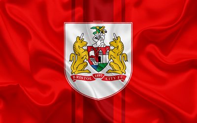 Bristol City FC, ipek bayrak, amblem, logo, 4k, Bristol, İngiltere, İNGİLTERE, İngiltere Futbol Kul&#252;b&#252;, Futbol Ligi Şampiyonası, İkinci Lig, futbol