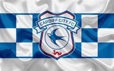 Cardiff City FC, de seda, de la bandera, el escudo, el logotipo de 4k, Cardiff, reino unido, club de f&#250;tbol ingl&#233;s, F&#250;tbol del Campeonato de Liga, Segunda divisi&#243;n, f&#250;tbol