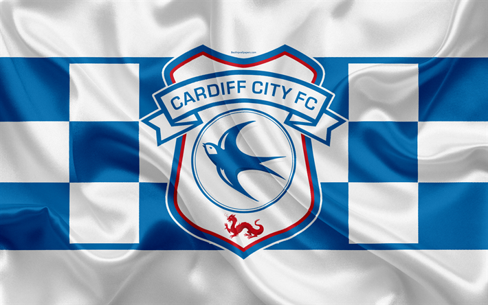Download wallpapers Cardiff City FC, silk flag, emblem, logo, 4k