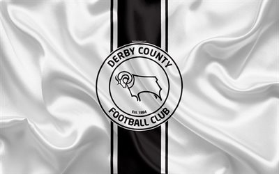 O Derby County FC, seda branca bandeira, emblema, logo, 4k, Derby, Reino UNIDO, Clube de futebol ingl&#234;s, Liga De Futebol Campeonato, Segunda Liga, futebol
