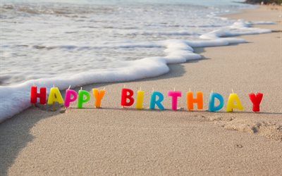 Happy Birthday, candles, beach, sand, sea, waves, Birthday concepts