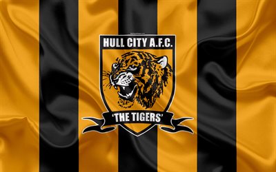 Hull City FC, Silk Flag, Emblem, Logotyp, 4K, Kingston upon Hull, East Riding of Yorkshire, England, STORBRITANNIEN, Engelska Football Club, Football League Championship, Andra League, Fotboll