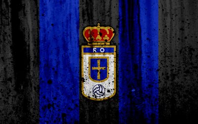 4k, FC Real Oviedo, grunge, Segunda Division, sanat, futbol, futbol kul&#252;b&#252;, İspanya, Real Oviedo &#220;Z&#220;C&#220;, logo, LaLiga2, taş doku, Real Oviedo FC