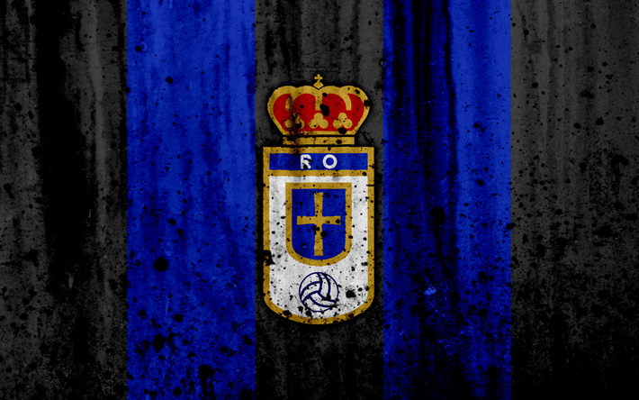 4k, FC Real Oviedo, grunge, Segunda Divisi&#243;n, arte, f&#250;tbol, club de f&#250;tbol de Espa&#241;a, Real Oviedo SAD, logotipo, LaLiga2, la piedra, la textura, el Real Oviedo FC