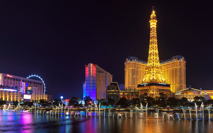 Las Vegas, 4k, Bellagio, Nevada, casino, fountain, Eiffel Tower, USA, Las Vegas Strip