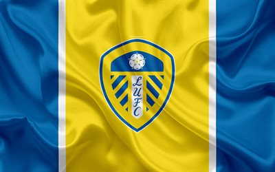 Leeds United FC, silk flag, emblem, logotyp, 4k, Leeds, STORBRITANNIEN, Engelska football club, Football League Championship, Andra League, fotboll