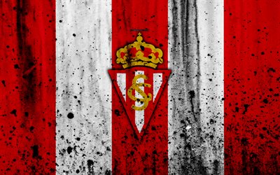 4k, FC Real Sporting, grunge, Segunda Division, art, soccer, football club, Spain, Real Sporting, logo, LaLiga2, stone texture, Real Sporting FC