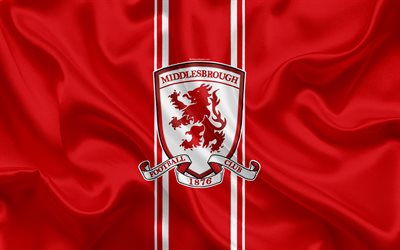 Middlesbrough FC, silk flag, emblem, logotyp, 4k, Middlesbrough, STORBRITANNIEN, Engelska football club, Football League Championship, Andra League, fotboll