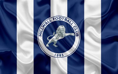 Millwall FC, logotyp, silk flag, emblem, 4k, Millwall, London, STORBRITANNIEN, Engelska football club, Football League Championship, Andra League, fotboll