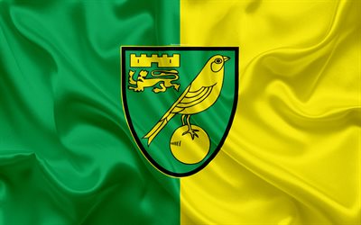 Norwich City FC, silk flag, emblem, logotyp, 4k, Norwich, STORBRITANNIEN, Engelska football club, Football League Championship, Andra League, fotboll