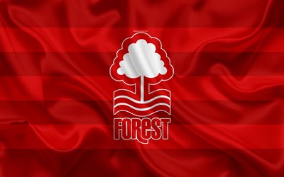 Nottingham Forest FC, red silk flag, emblem, logotyp, 4k, Nottingham, STORBRITANNIEN, Engelska football club, Football League Championship, Andra League, fotboll