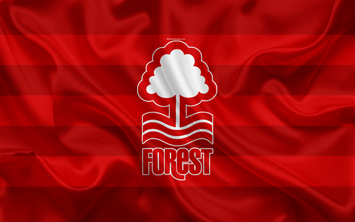 Nottingham Forest FC, red silk flag, emblem, logo, 4k, Nottingham, UK, English football club, Football League Championship, Second League, football