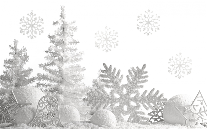 White Christmas decoration, snow, snowflakes, silver Christmas balls, New Year