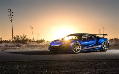 Acura NSX, 2017, ajuste, azul coup&#233; desportivo, carro de corrida, Honda