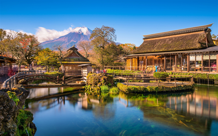 Giappone, 4k, il Monte Fuji, Fujiyama, autunno, giapponese, punti di riferimento, Asia