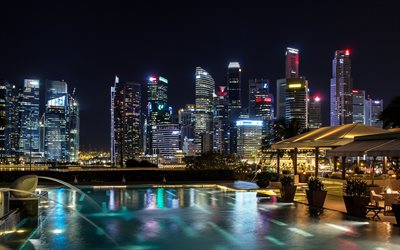 Singapore, 4k, paesaggi notturni, metropoli, grattacieli, Asia