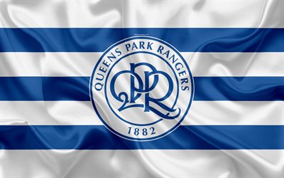 Queens Park Rangers FC, QPR, de seda, de la bandera, el escudo, el logotipo de 4k, Fulham, Londres, reino unido, club de f&#250;tbol ingl&#233;s, F&#250;tbol del Campeonato de Liga, Segunda divisi&#243;n, f&#250;tbol