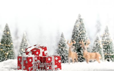 rojo regalos, Navidad, A&#241;o Nuevo, &#225;rbol, invierno, nieve, renos