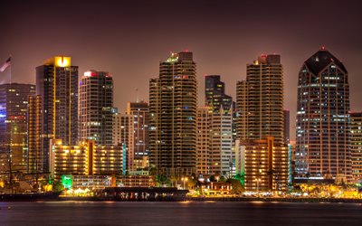 San Diego, i grattacieli, la sera, la notte, le luci della citt&#224;, bandiera Americana, USA