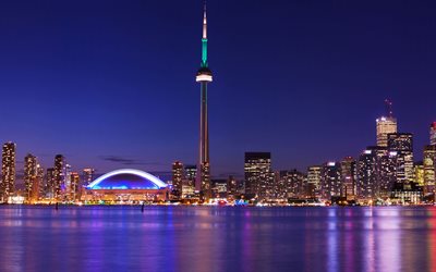 Toronto, CN Kulesi, gece, şehir ışıkları, g&#246;kdelenler, Kanada
