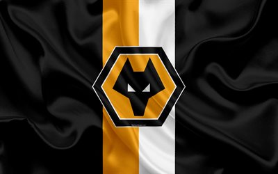 Wolverhampton Wanderers FC, silk flag, emblem, logo, 4k, England, Wolverhampton, UK, English football club, Football League Championship, Wolves FC, Second League, football