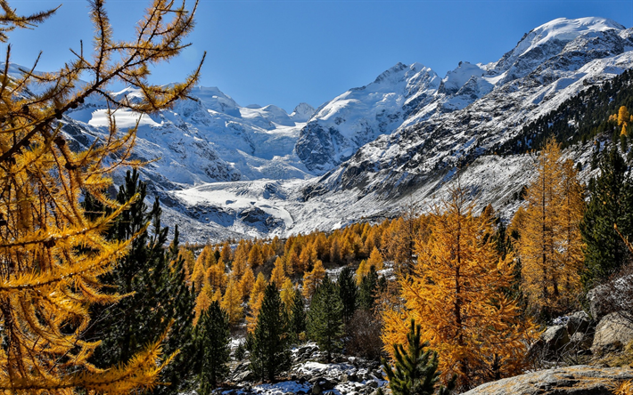 paysage de montagne, l&#39;hiver, la neige, les montagnes, la Bernina, les Alpes, le Glacier de Morteratsch, Suisse