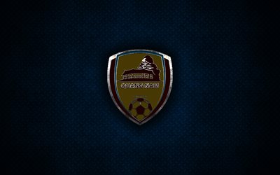 Quang Nam FC, logo in metallo, arte creativa, Vietnamita football club, emblema, blu, metallo, sfondo, V League 1, Tam Ky, Vietnam, calcio