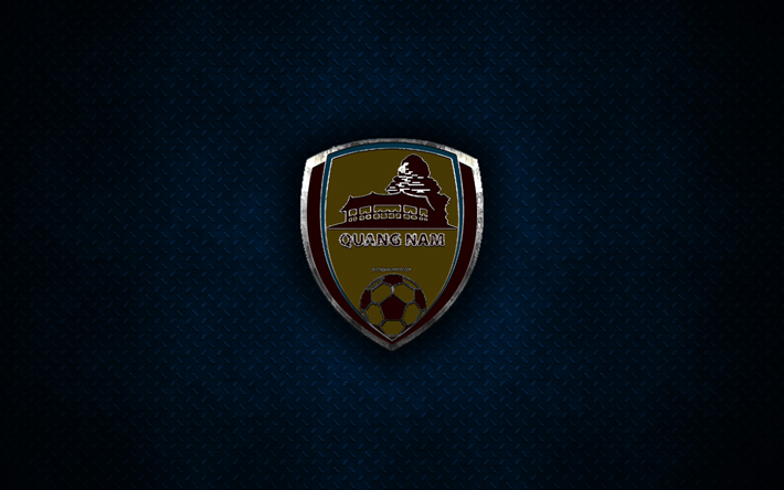 Quang Nam FC, metal logo, creative art, Vietnamese football club, emblem, blue metal background, V League 1, Tam Ky, Vietnam, football