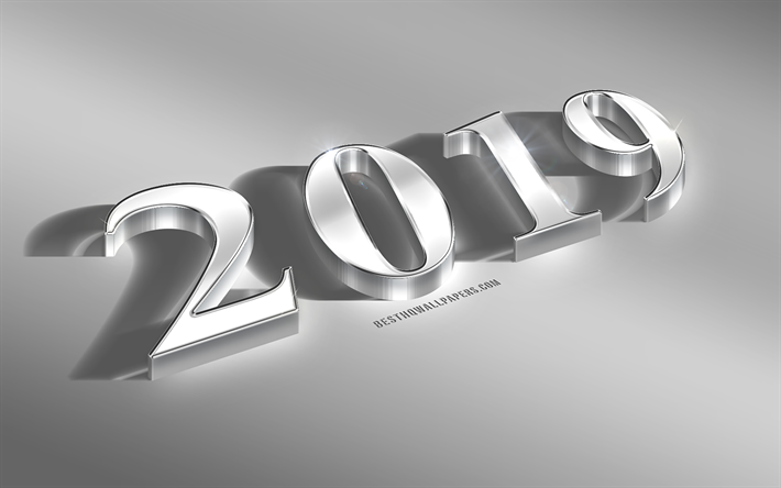 2019 Ann&#233;e, 3d silver lettres, 3d 2019 art, Nouvel An, acier, fond, cr&#233;atif 2019 conception, 2019 concepts, de Nouvelles 2019 Ann&#233;e