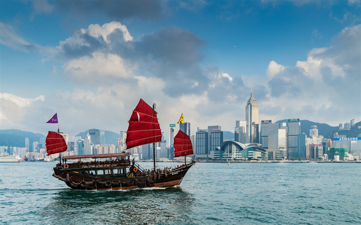 Hong Kong, la bah&#237;a, los barcos de vela, velas rojas, metropolis, moderno, arquitectura, rascacielos, China