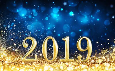 4k, Happy New Year 2019, golden digits, blue background, 2019 concepts, glare, 3D digits, 2019 year, creative, 2019 on blue background