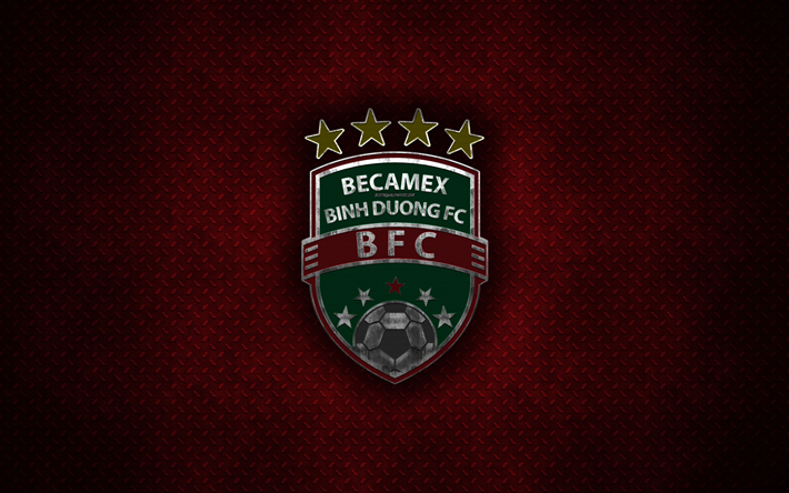 Becamex Binh Duong FC, metall-logotyp, emblem, red metal bakgrund, vietnamesiska football club, th League, Vietnam, fotboll