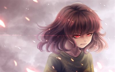 Chara, girl with red eyes, manga, Undertale, artwork, red rays