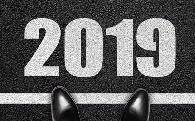 2019 year, business concepts, start of the year, businessman on the line, 2019 concepts, 2019 business concepts, New business year, start 2019, asphalt texture, road sign