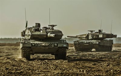 Leopard 2, two tanks, german MBT, tanks, shooting range, Bundeswehr, German army, armored vehicles
