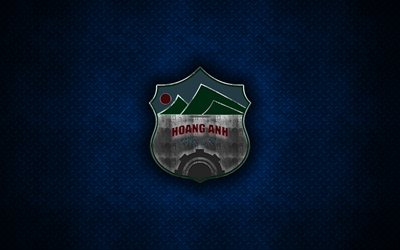 Hoang Anh Gia Lai FC, metal logo, vietnamese football club, emblem, blue metal background, V League 1, Pleiku, Vietnam, football, Gia Lai FC