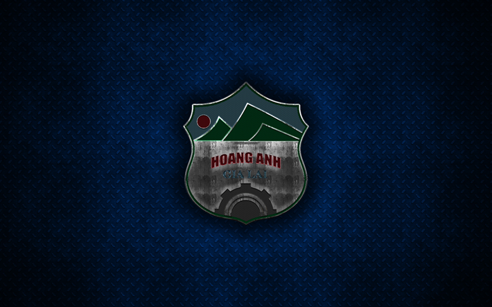 Hoang Anh Gia Lai FC, logotipo do metal, vietnamita futebol clube, emblema, metal azul de fundo, V League 1, Pleiku, Vietname, futebol, Gia Lai FC