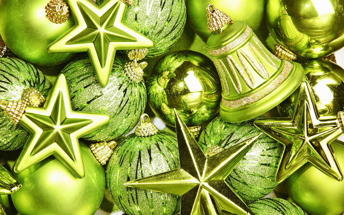 green xmas decorations, Happy New year, green balls, green bells, Merry Christmas, Xmas, Christmas decorations