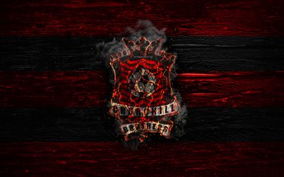 Churchill Brothers FC, fire logo, I-League, red and black lines, indian football club, grunge, football, soccer, logo, Churchill Brothers SC, wooden texture, India
